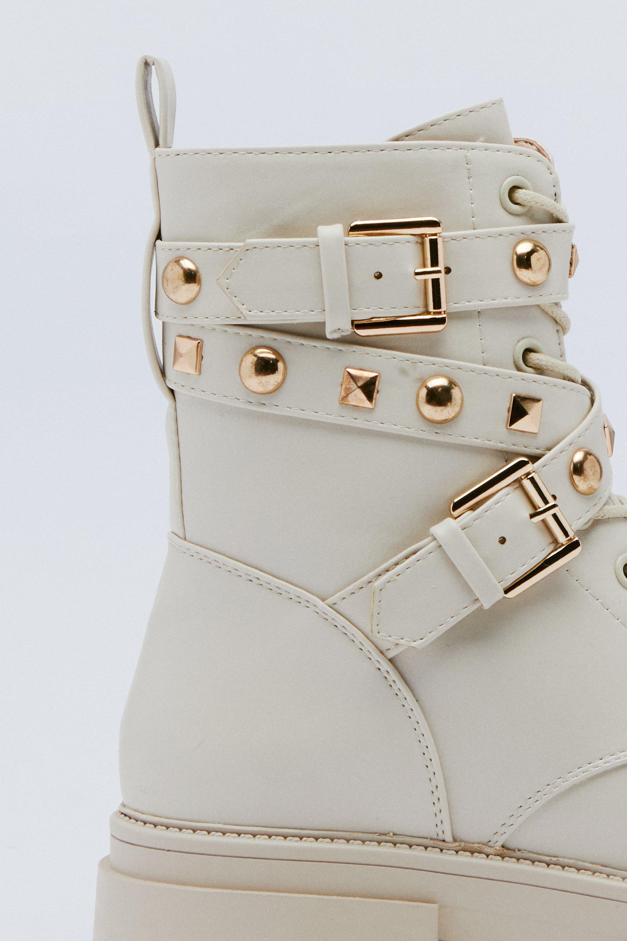 Faux Leather Studded Buckle Hiker Boots